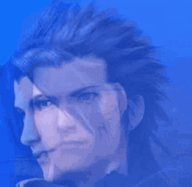 a close up of a man 's face with long blue hair on a blue background .