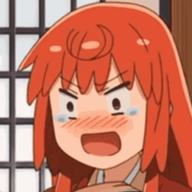 a cartoon girl with red hair is making a funny face with her mouth open .