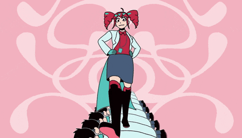 a cartoon drawing of a girl standing on a snake