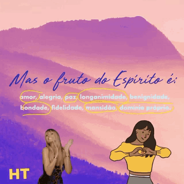 a woman making a heart shape with her hands in front of a purple background with the word mas o fruto do espirito
