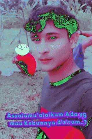 a man with green eyes is holding a stuffed animal with the words assalamu alaikum adays mau kebunnya disiram