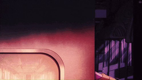 a dark room with a pink wall and a purple doorway