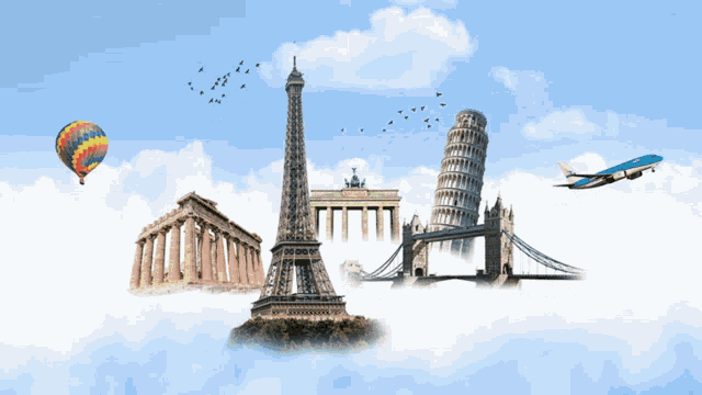 a hot air balloon is flying over the eiffel tower in paris