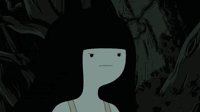 a cartoon character with long black hair and a yellow tank top has an angry look on her face