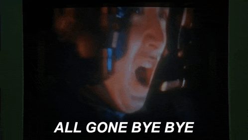a man in a helmet is on a screen with the words `` all gone bye bye '' written on it .