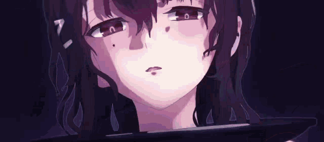 a close up of a girl 's face in a dark room with a sword in her hand .