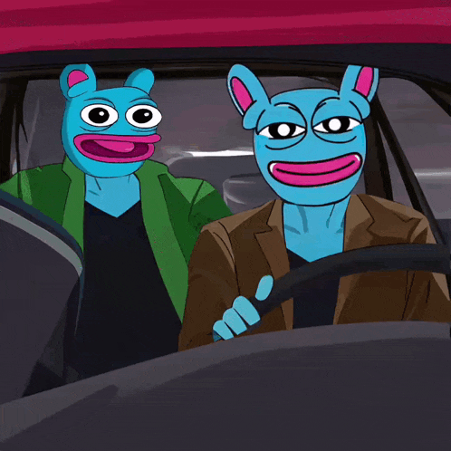 two blue cartoon characters are driving a car with chinese characters behind them