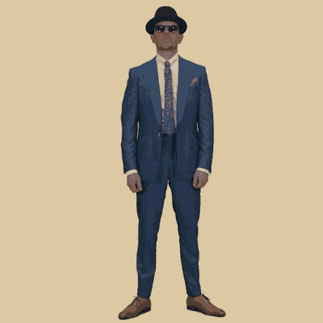a man in a blue suit and purple tie is wearing a hat