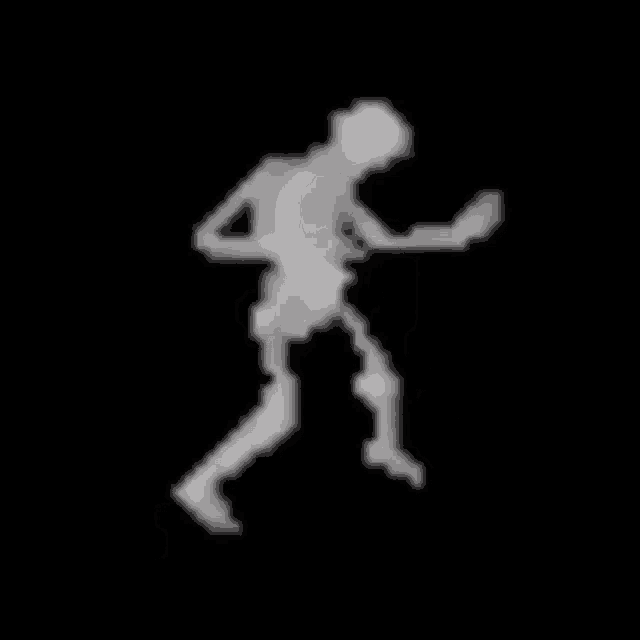 a skeleton is dancing in a pixel art style on a black background .