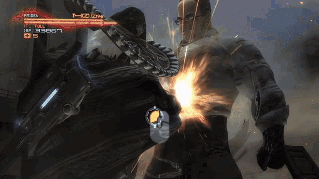 a video game screen shows a man being punched by a robot with raiden written on the screen