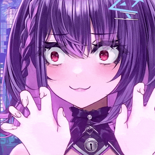 a close up of a girl with purple hair