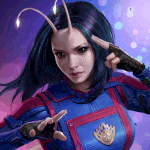 a woman in a blue and red costume with horns on her head