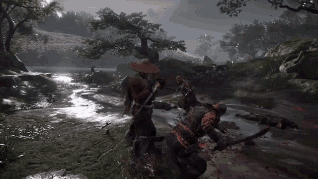 a man in a straw hat is holding a sword in a video game scene