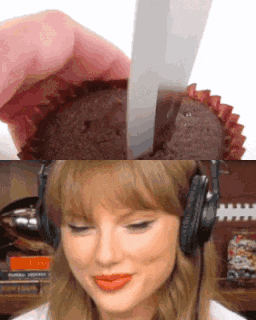 a woman wearing headphones is cutting a cupcake with a knife .