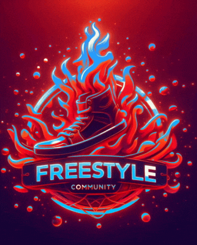 a logo for the freestyle community has a shoe on fire