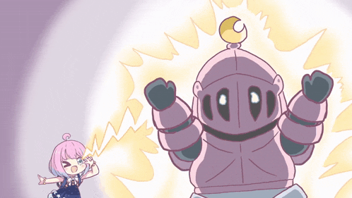 a cartoon of a girl standing next to a robot with a crescent moon on top