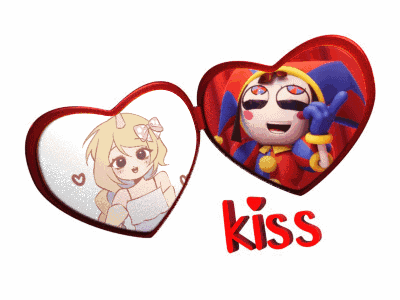 two hearts with a girl and a jester on them and the word kiss below them
