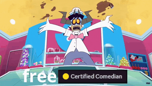 a cartoon character is standing in front of a sign that says certified comedian