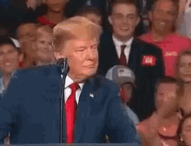 donald trump is giving a speech in front of a crowd of people .