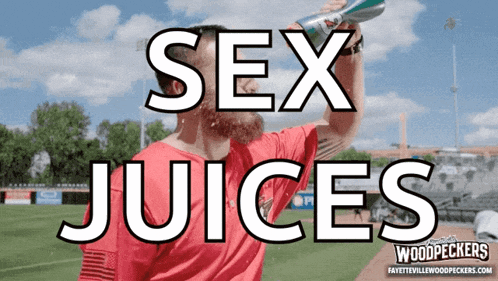 a man drinking from a bottle with the words sex juices on the bottom