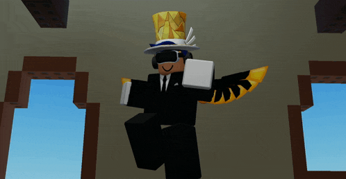 a cartoon character with a top hat and wings