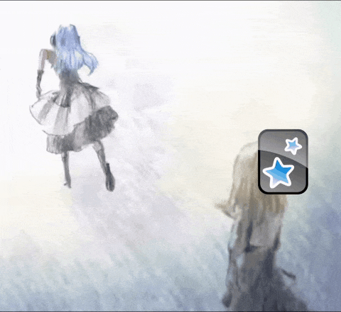 a drawing of a girl in a black dress with two blue stars in the corner