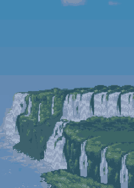 a pixel art of a waterfall in the middle of a forest