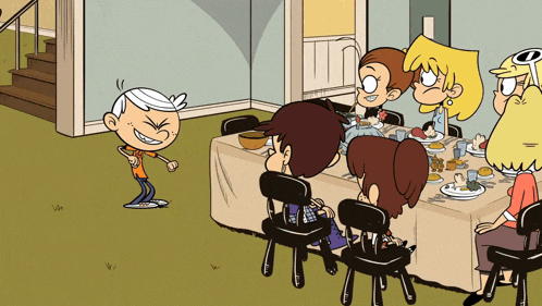 a group of cartoon characters are gathered around a table with food