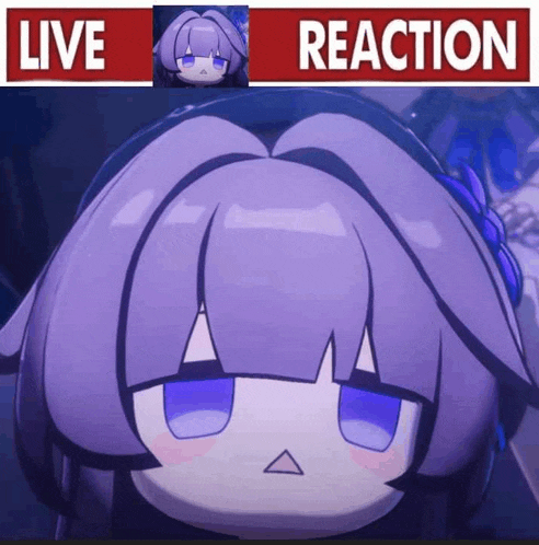 a picture of a purple haired anime character with the words live reaction below it