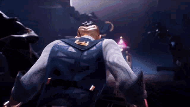 a man in a suit and tie is flying through the air with a glowing object in his hand