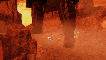 a computer generated image of a desert landscape with a cactus in the foreground and a giant rock in the background .