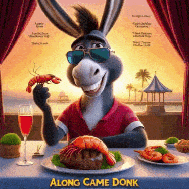 a donkey holding a lobster and a plate of food with along came donk written on the bottom