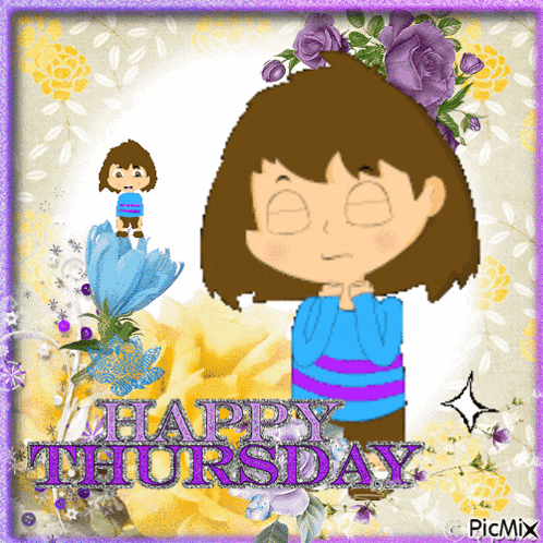 a happy thursday greeting card with flowers and a girl