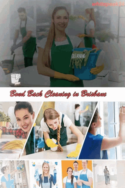 an ad for bond back cleaning in brisbane shows a woman holding a blue bucket