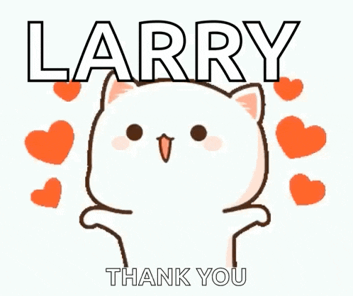 a cartoon cat says thank you to larry with hearts around it