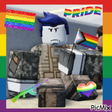 a picture of a soldier with a rainbow flag and the word pride on the bottom