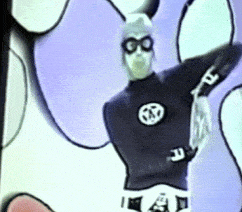 a cartoon of a man in a superhero costume with the letter r on his arm