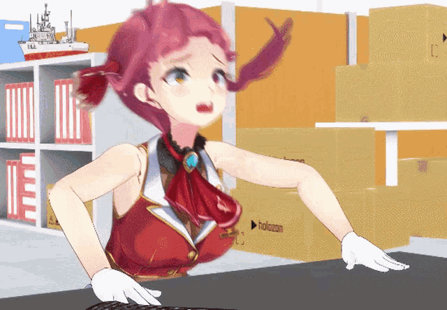 a girl with pink hair is standing next to a box that says holomoon