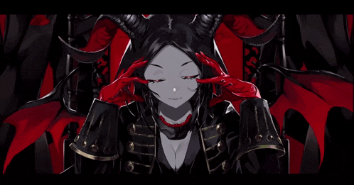 a woman with horns and red eyes is surrounded by chinese writing