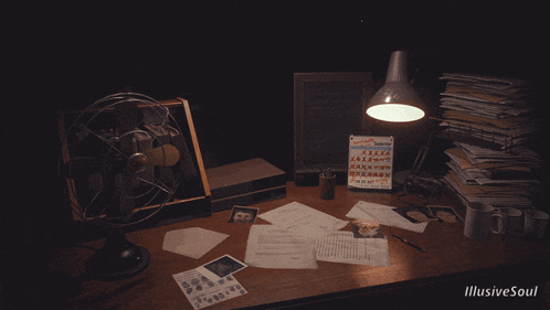 a desk with a fan and a stack of papers with the words illusive soul on the bottom right