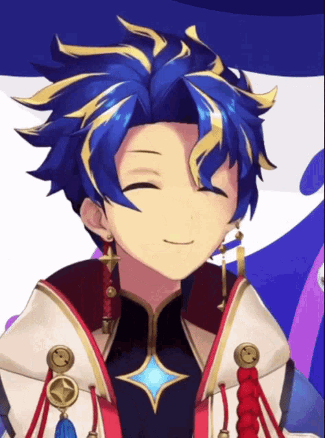 a close up of a cartoon character with blue and gold hair