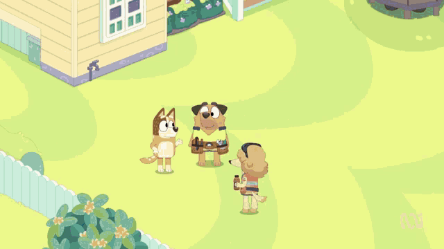three cartoon dogs are standing in front of a yellow house