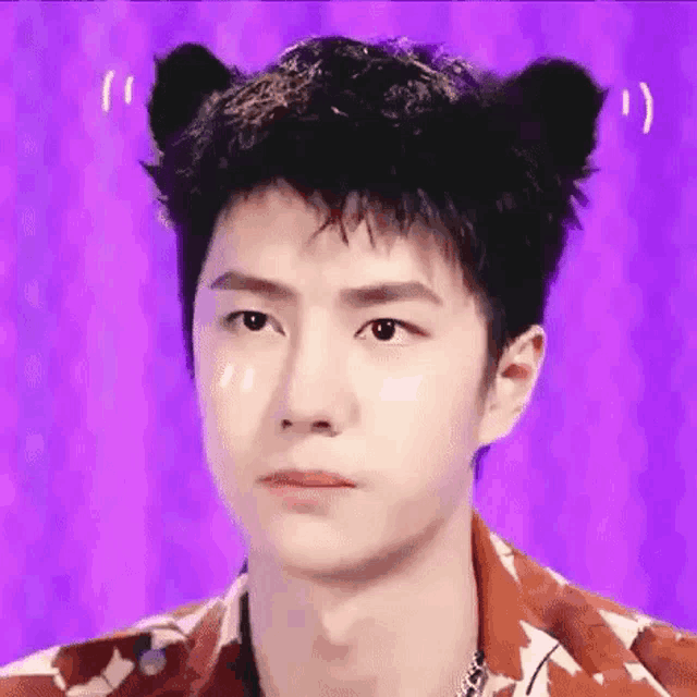 a close up of a person wearing a cat ear hat .