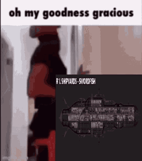 a man is standing in a doorway next to a picture of a ship and the words `` oh my goodness gracious '' .