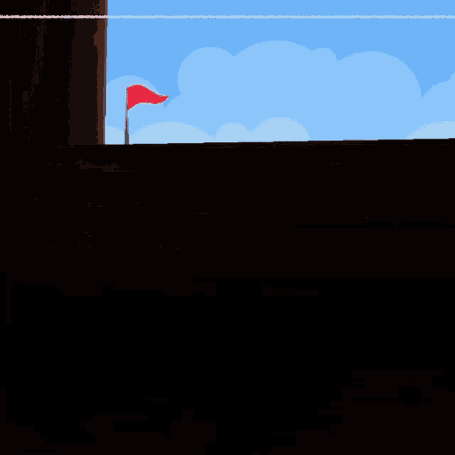 a girl with cat ears is standing in front of a blue sky with a red flag in the background
