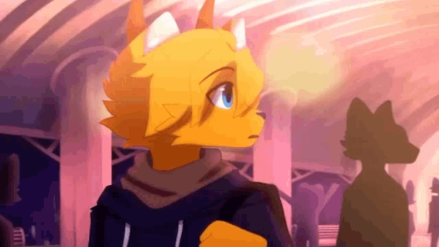 a furry cartoon character is standing in a crowded room with a silhouette of another furry character in the background .