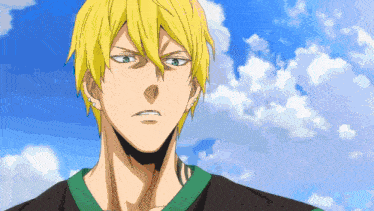 a close up of a man 's face with a blue sky and clouds in the background