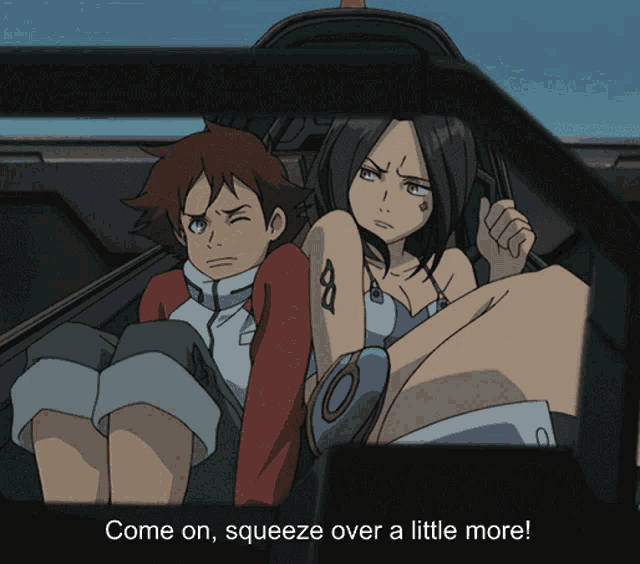 a couple of anime characters sitting in a car with the words come on squeeze over a little more at the bottom
