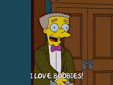 a cartoon character says " i love boobies " in front of a door