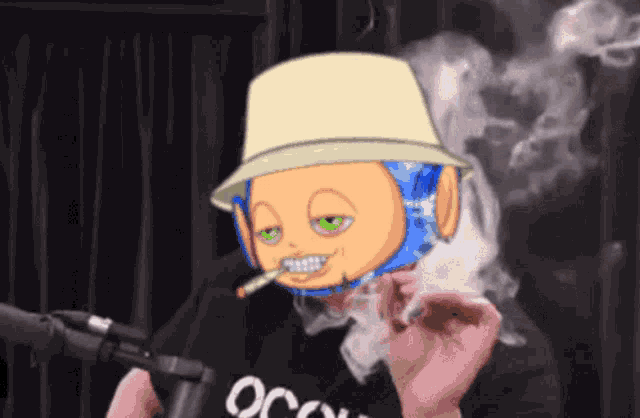 a cartoon character smoking a cigarette and wearing a black shirt with the word occupy on it